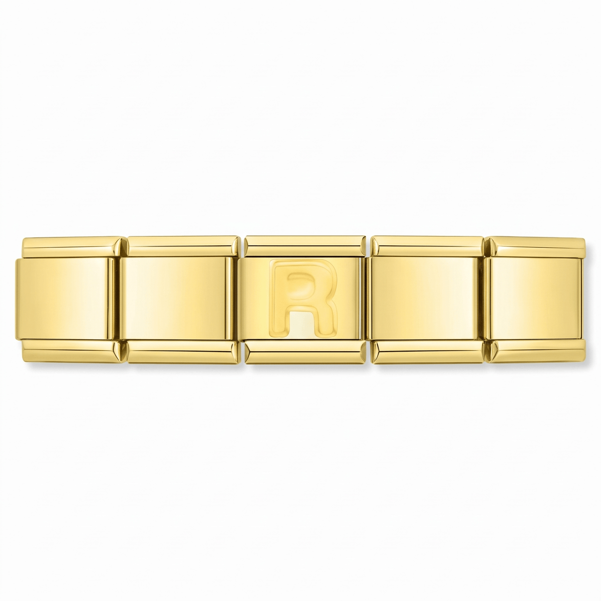 Charm Letra R (Dorado) en pulsera italiana de eslabones