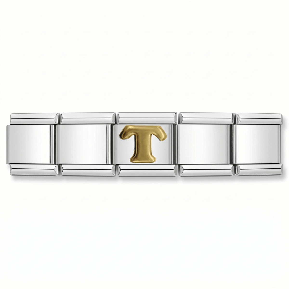 Charm Letra T (Plateado) en pulsera italiana de eslabones