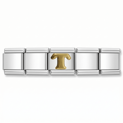 Charm Letra T (Plateado) en pulsera italiana de eslabones