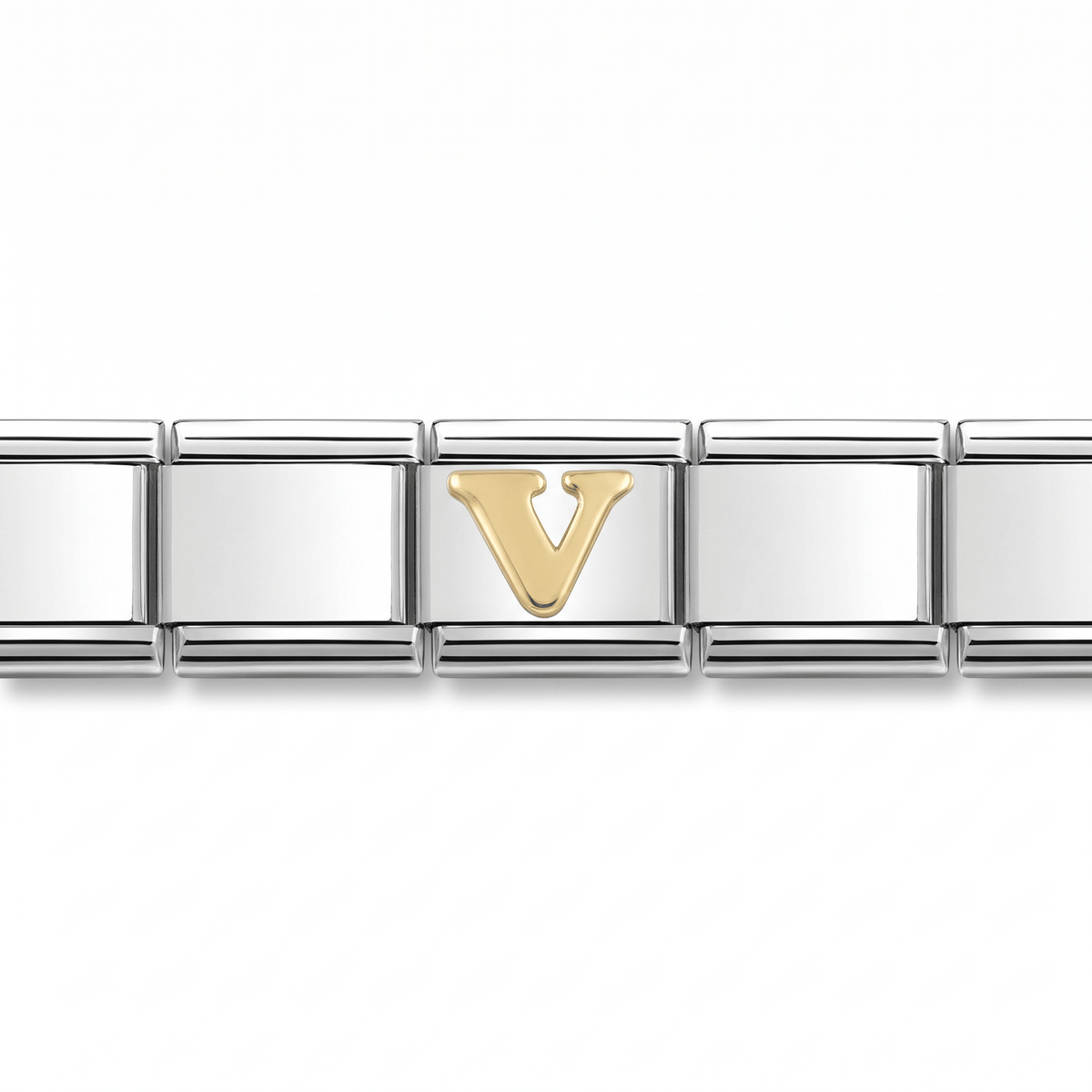 Charm Letra V (Plateado) en pulsera italiana de eslabones