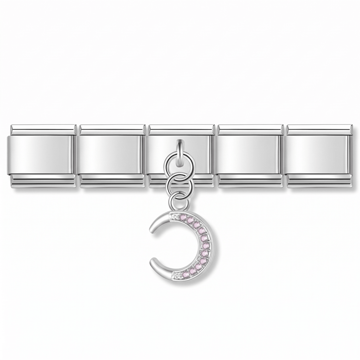 Charm Luna Rosa (Colgante con Brillos) en pulsera italiana de eslabones