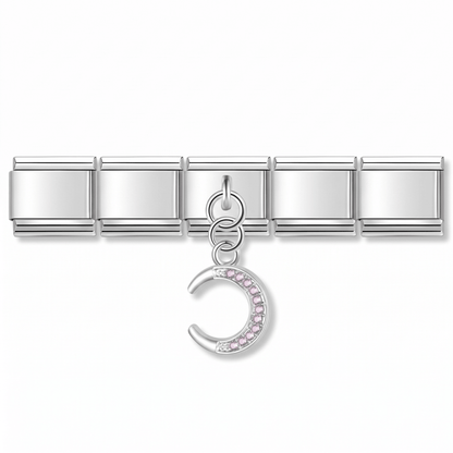 Charm Luna Rosa (Colgante con Brillos) en pulsera italiana de eslabones