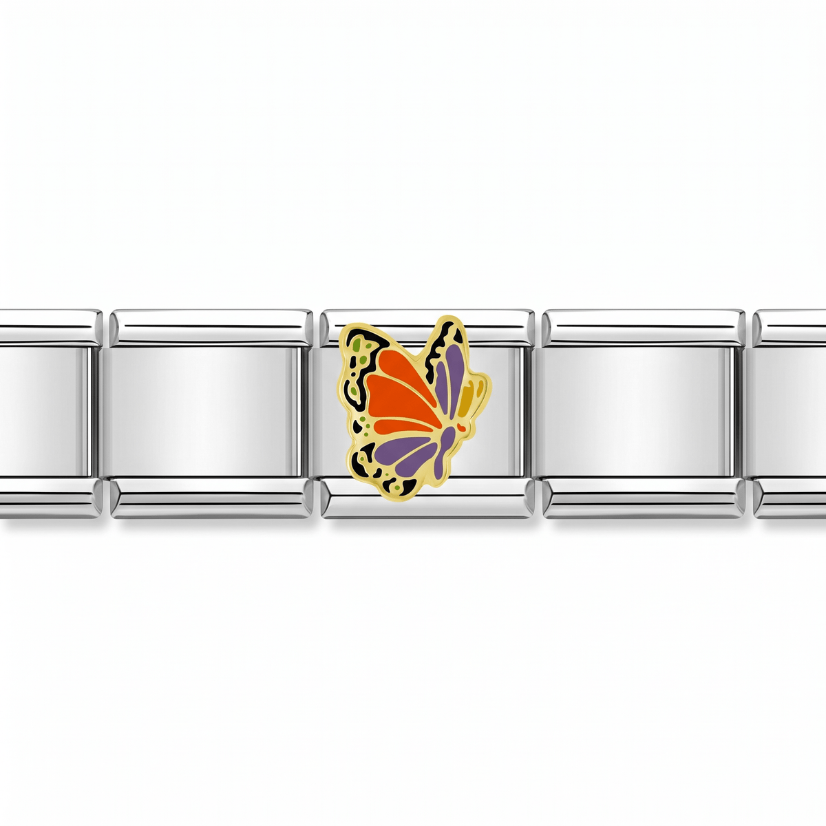 Charm Mariposa (Naranja, Plateado) en pulsera italiana de eslabones