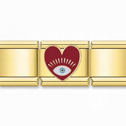Charm Ojo Corazón Rojo (Dorado) en pulsera italiana de eslabones