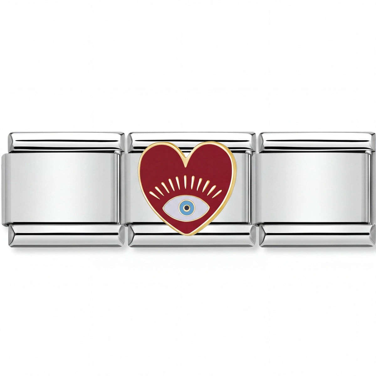 Charm Ojo Corazón Rojo (Plateado) en pulsera italiana de eslabones