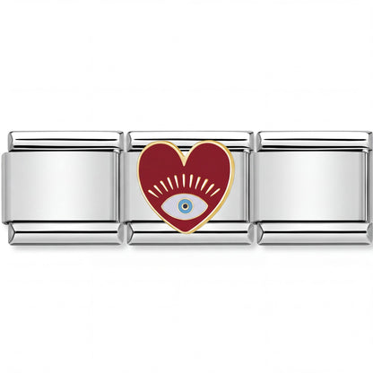 Charm Ojo Corazón Rojo (Plateado) en pulsera italiana de eslabones