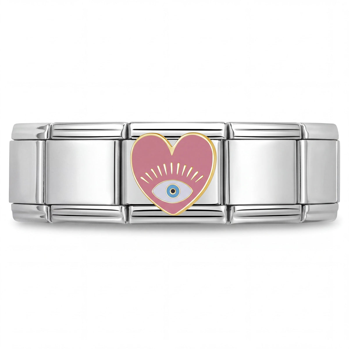 Charm Ojo suerte (Corazón Rosa) en pulsera italiana de eslabones