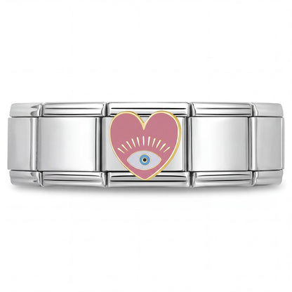 Charm Ojo suerte (Corazón Rosa) en pulsera italiana de eslabones