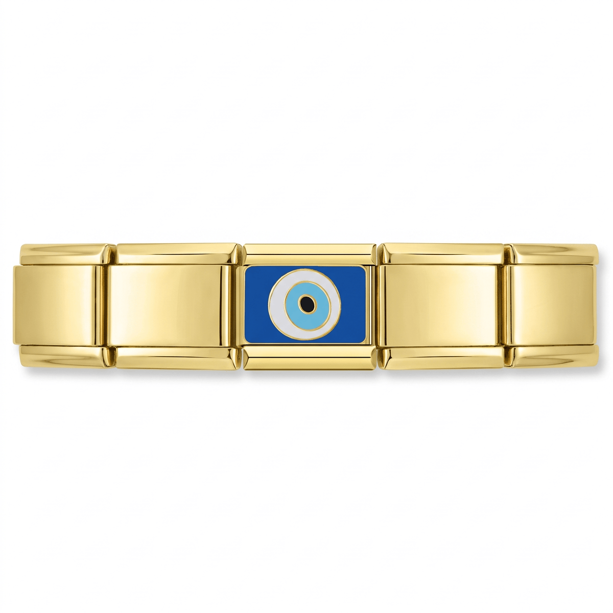 Charm Ojo Turco (Fondo Azul, Dorado) en pulsera italiana de eslabones