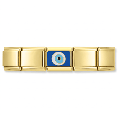 Charm Ojo Turco (Fondo Azul, Dorado) en pulsera italiana de eslabones