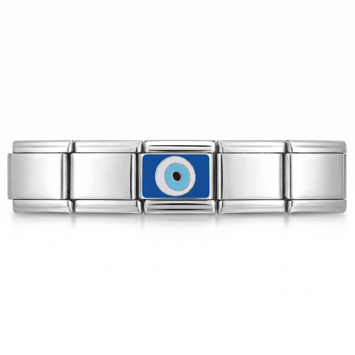 Charm Ojo Turco (Fondo Azul, Plateado) en pulsera italiana de eslabones