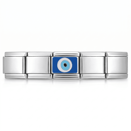 Charm Ojo Turco (Fondo Azul, Plateado) en pulsera italiana de eslabones