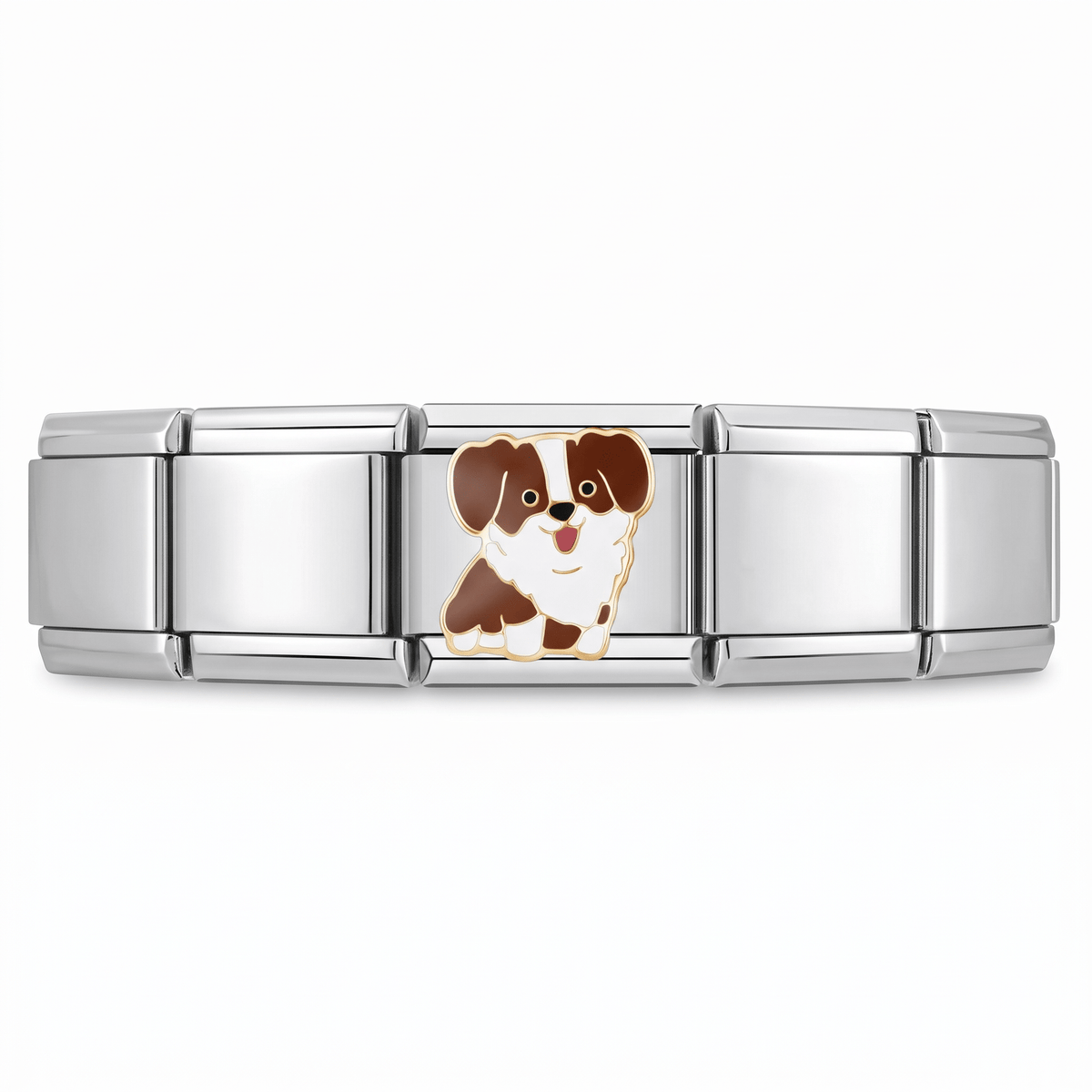 Charm Perro (Café y Blanco) en pulsera italiana de eslabones
