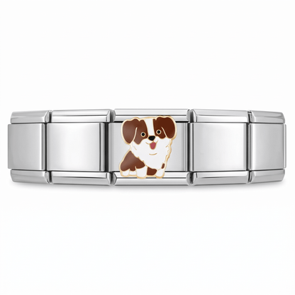 Charm Perro (Café y Blanco) en pulsera italiana de eslabones