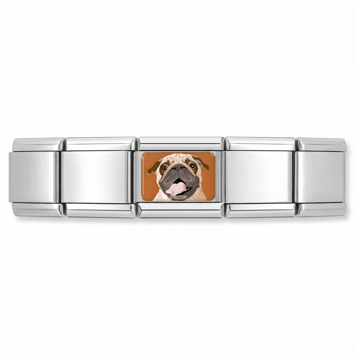 Charm Perro Pug (Fondo Naranja) en pulsera italiana de eslabones
