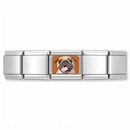 Charm Perro Pug (Fondo Naranja) en pulsera italiana de eslabones