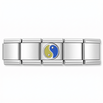 Charm Yin-Yang Azul y Oro en pulsera italiana de eslabones