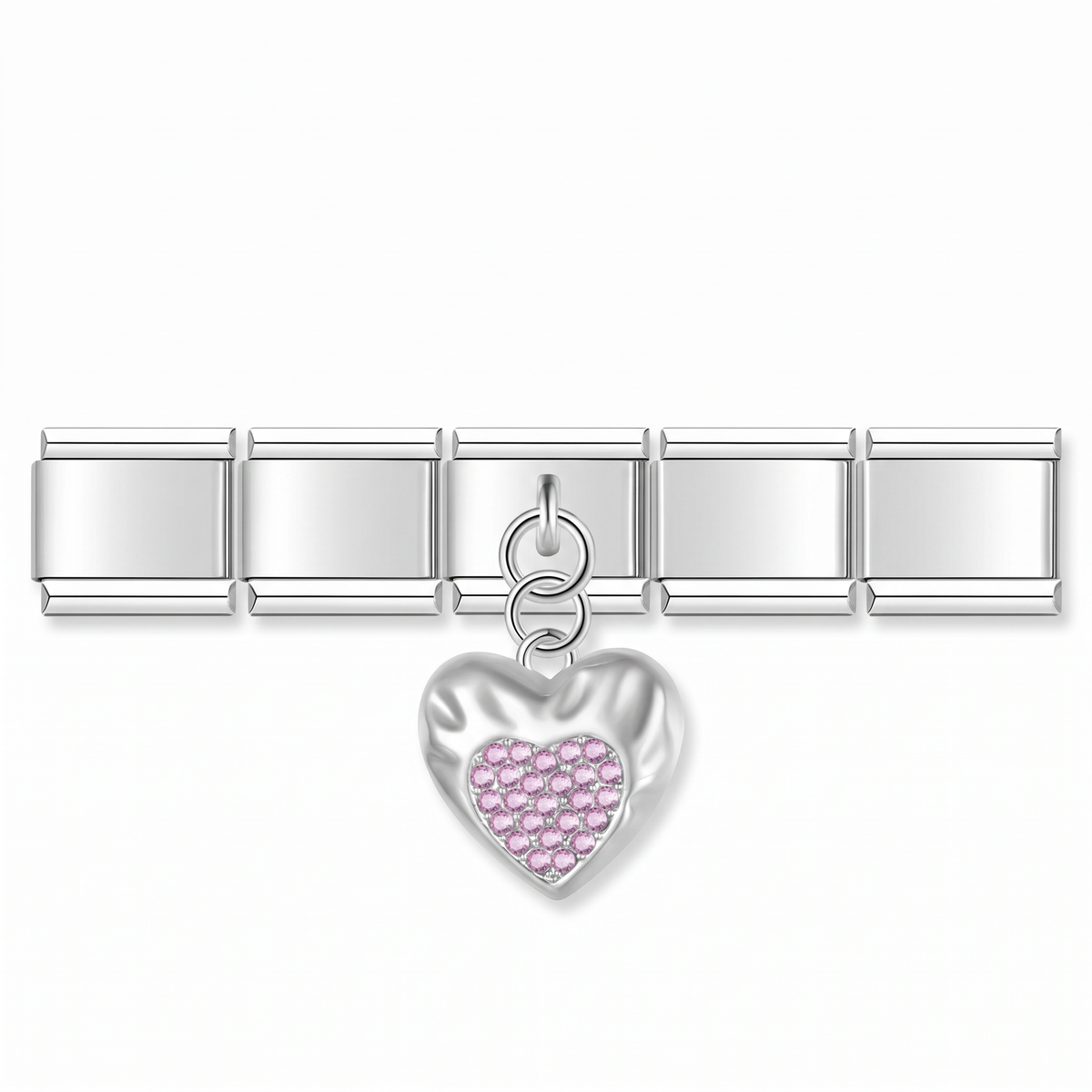 Charm Corazón rosa (Colgante con Brillos) en pulsera italiana de eslabones
