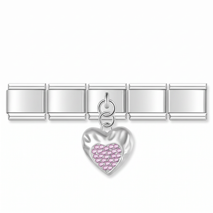 Charm Corazón rosa (Colgante con Brillos) en pulsera italiana de eslabones