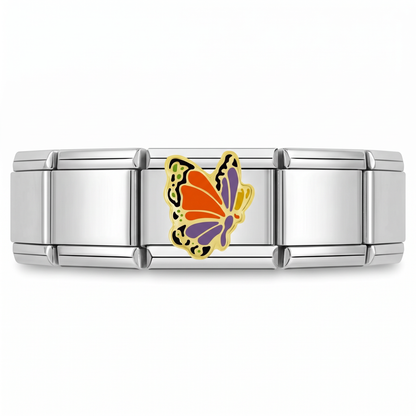 Charm Mariposa (Naranja, Dorado) en pulsera italiana de eslabones