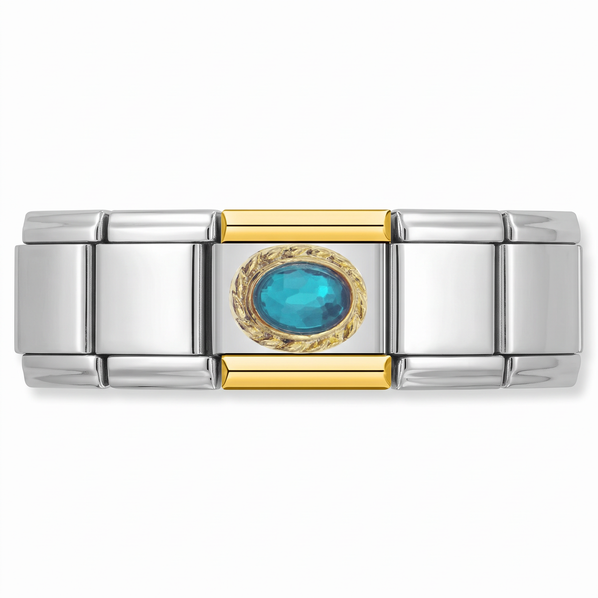 Charm piedra azul engarzada en un diseño dorado en pulsera italiana de eslabones