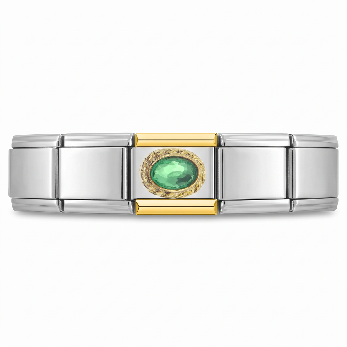 Charm con una piedra verde engarzada en pulsera italiana de eslabones