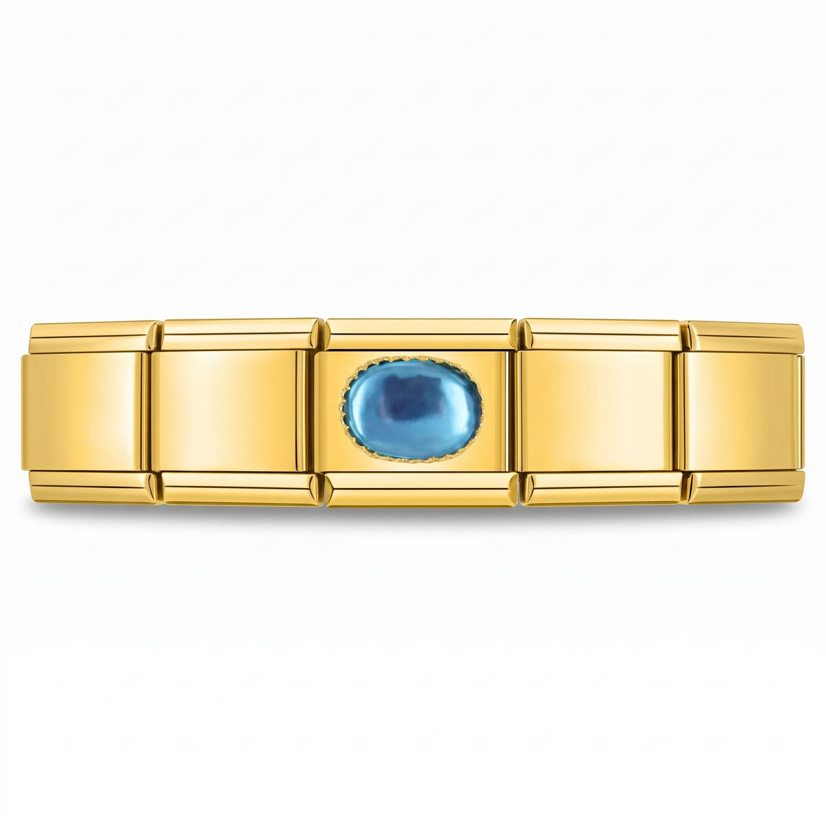 Charm con piedra azul y detalles dorados en pulsera italiana de eslabones