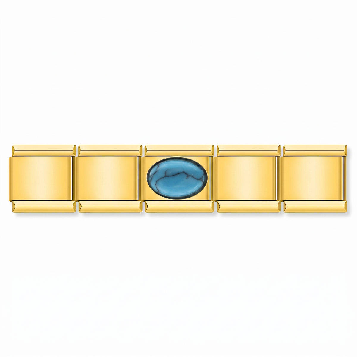 Charm piedra azul y detalles dorados evoca tranquilidad en pulsera italiana de eslabones