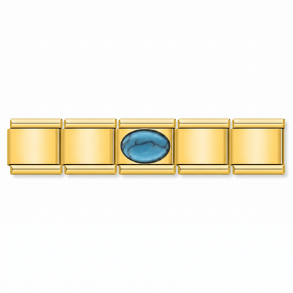Charm piedra azul y detalles dorados evoca tranquilidad en pulsera italiana de eslabones