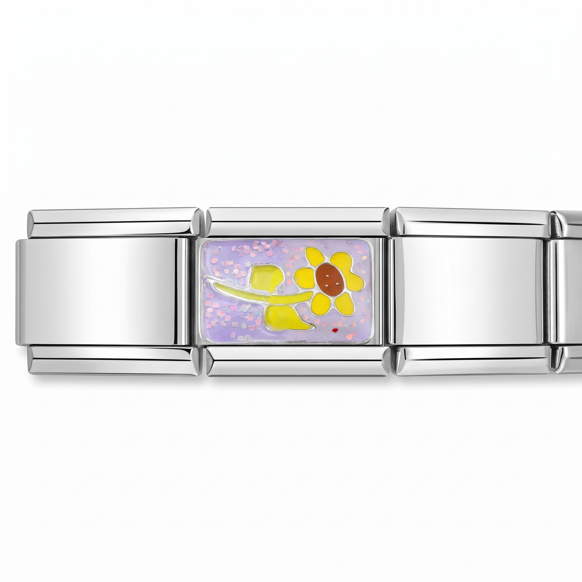 Charm Flor amarilla (Fondo Morado) en pulsera italiana de eslabones