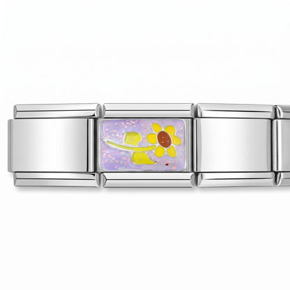 Charm Flor amarilla (Fondo Morado) en pulsera italiana de eslabones