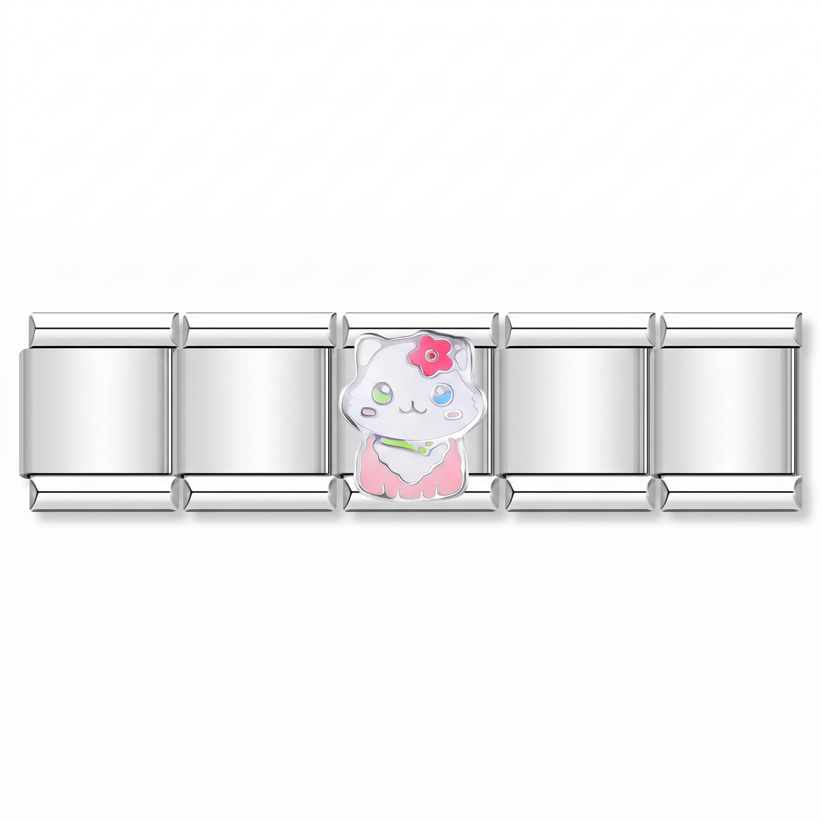 Charm Gatito (Blanco con Flor) en pulsera italiana de eslabones