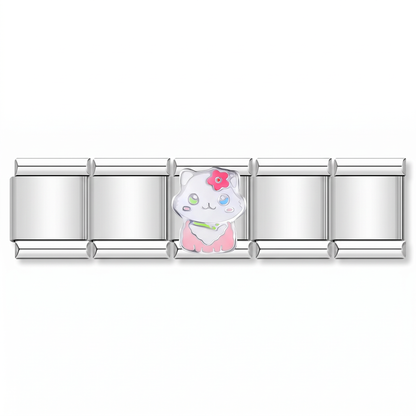Charm Gatito (Blanco con Flor) en pulsera italiana de eslabones