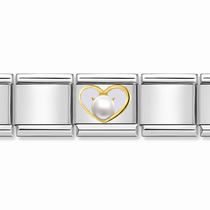 Charm Corazón Dorado Perla en pulsera italiana de eslabones