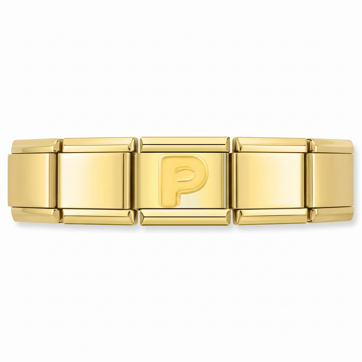 Charm Letra P (Dorado) en pulsera italiana de eslabones