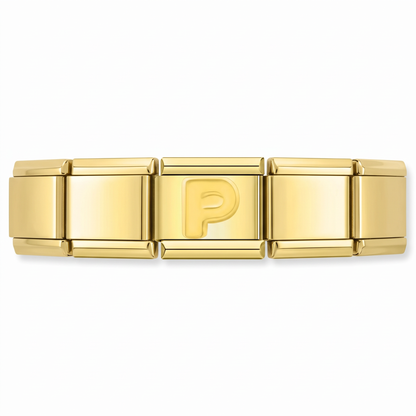 Charm Letra P (Dorado) en pulsera italiana de eslabones