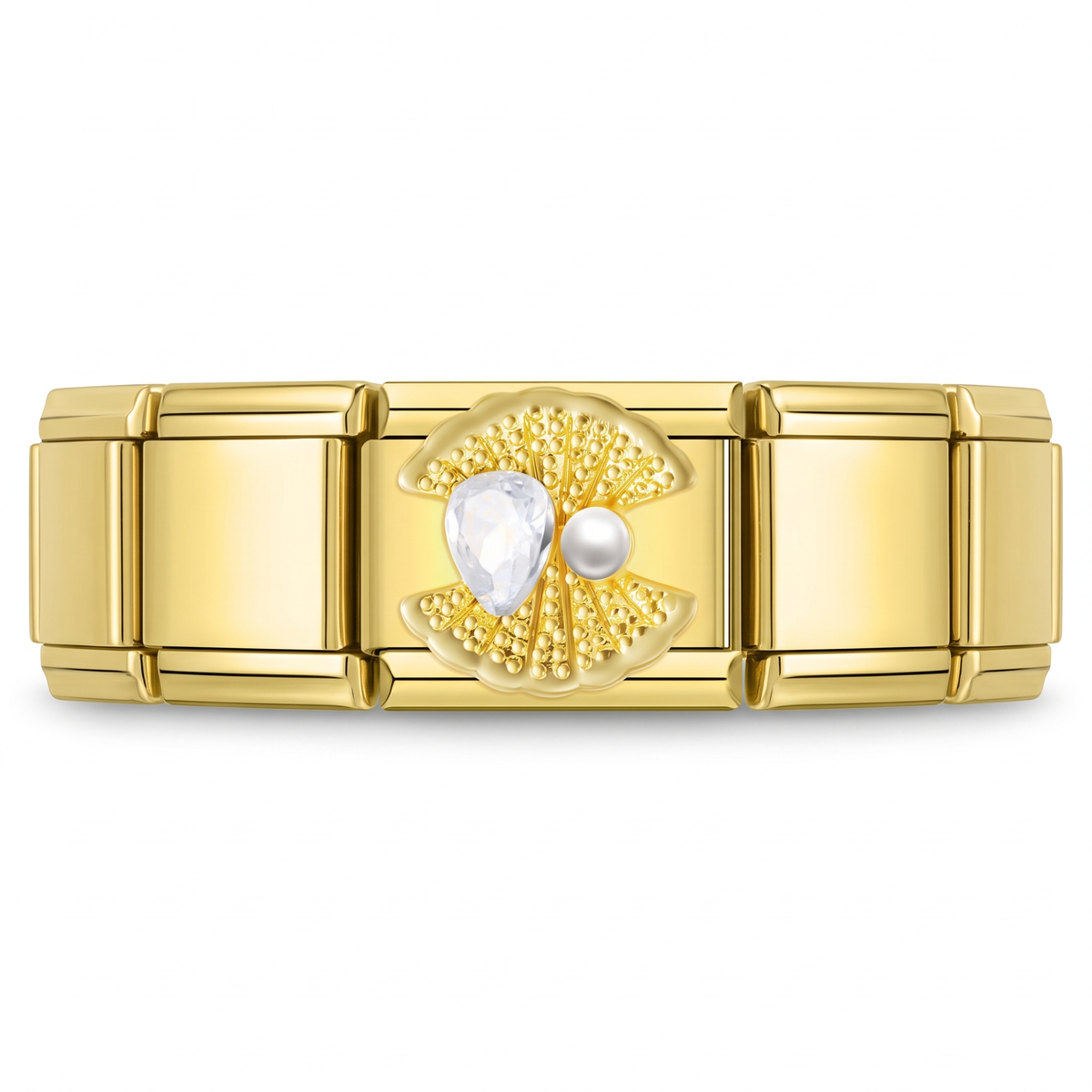 Charm Concha con Perla y Cristal en pulsera italiana de eslabones