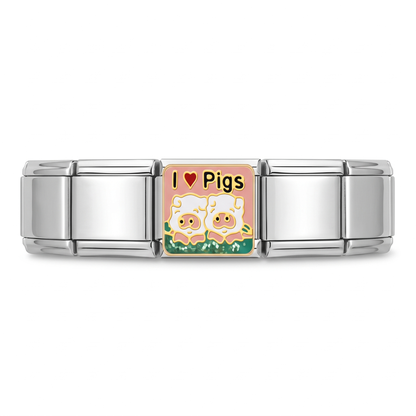Charm I Love Pigs (Cerditos) en pulsera italiana de eslabones